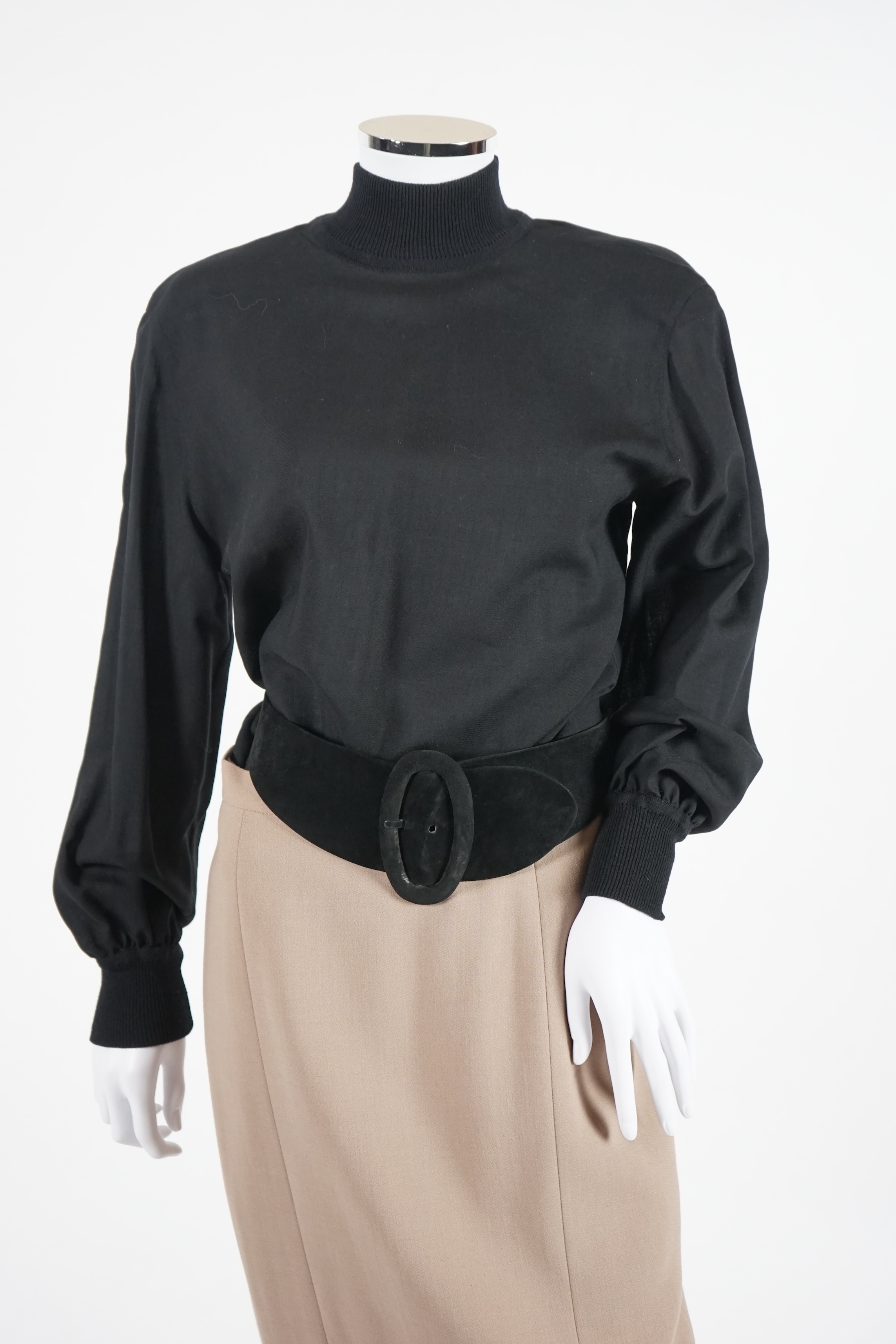 A lady's Akris Club suit with black turtle neck blouse and belt, UK Size 8. Proceeds to Happy Paws Puppy Rescue